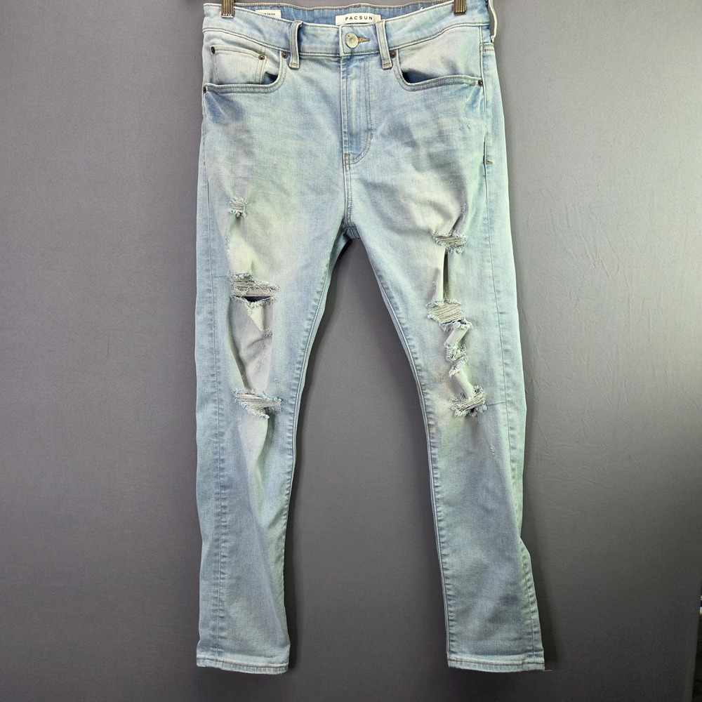 PacSun Jeans Slim Taper 30x32 Light Wash Distressed Ripped Stretch Denim Mens